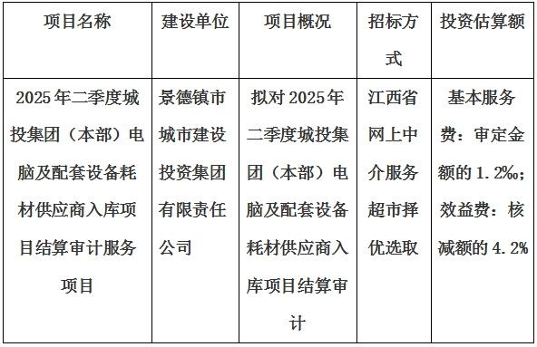 2025年二季度城投集團(tuán)(本部)電腦及配套設(shè)備耗材供應(yīng)商入庫項(xiàng)目結(jié)算審計(jì)服務(wù)項(xiàng)目計(jì)劃公告
