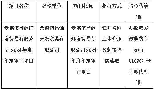 景德鎮昌源環發貿易有限公司2024年度年報審計項目計劃公告